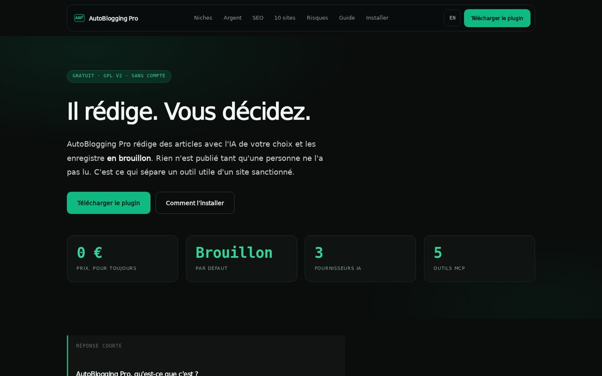 Page d'accueil de autobloggingpro.com sur ordinateur, capture du site en ligne