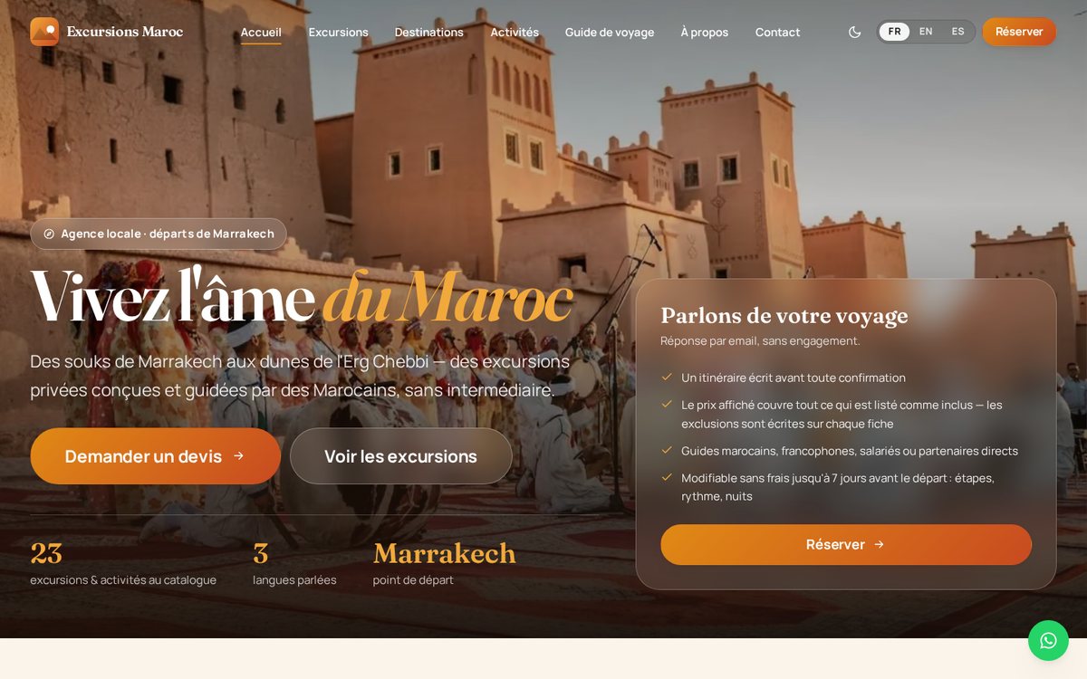 Page d'accueil de excursions-maroc.com sur ordinateur, capture du site en ligne