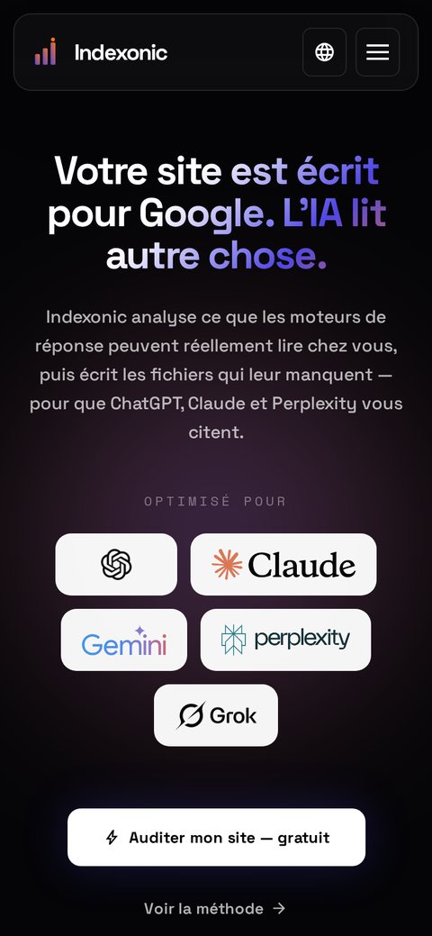 La même page de indexonic.com sur téléphone