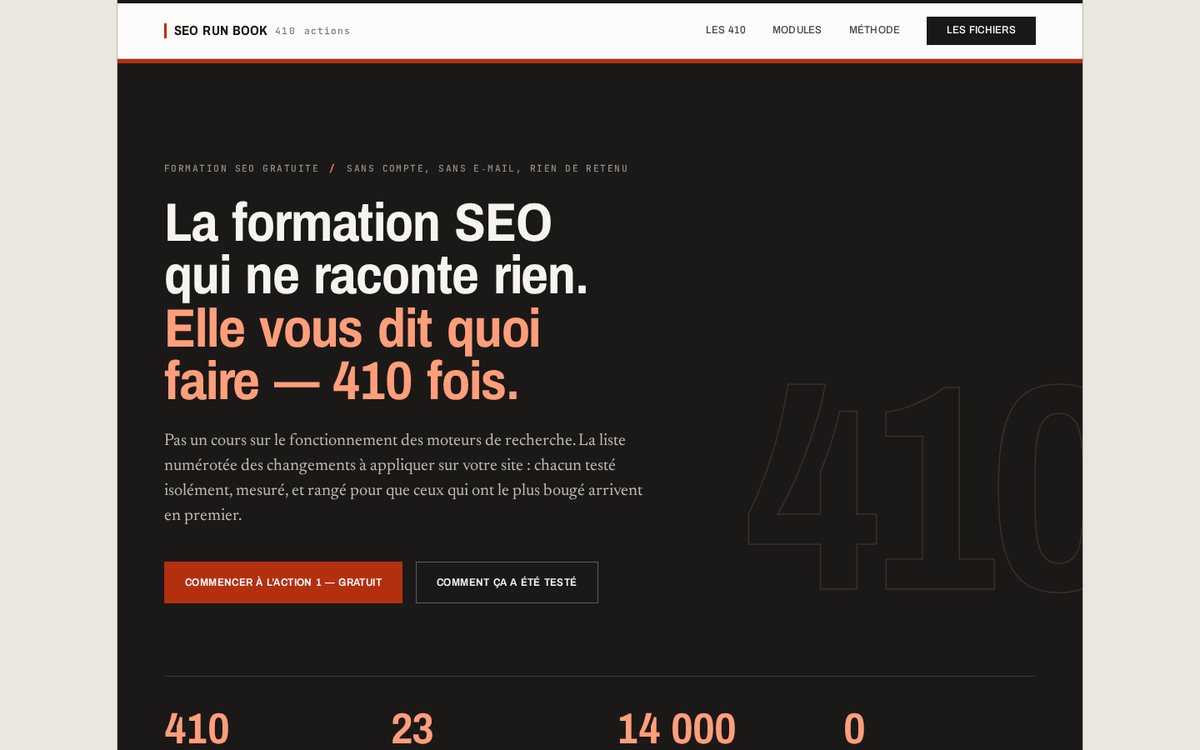 Page d'accueil de seorunbook.com sur ordinateur, capture du site en ligne